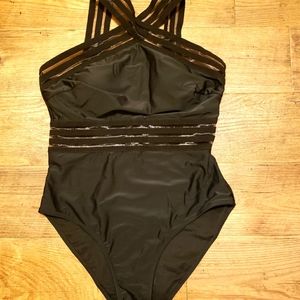 Tempt Me womens black size large halter neck swimsuit with mesh cutouts
